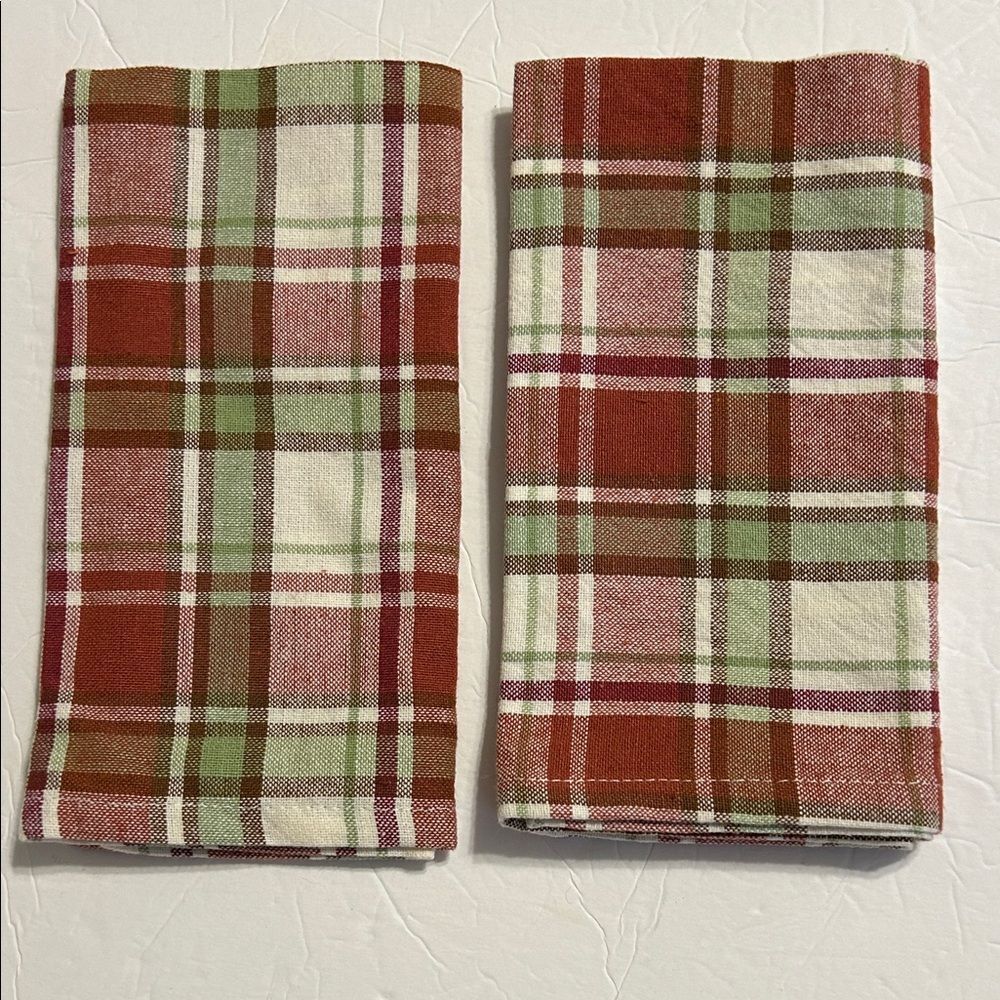 COTTAGE CLASSIC Cotton Rust Green White Plaid Cloth Napkins Dining Holiday Set 2
